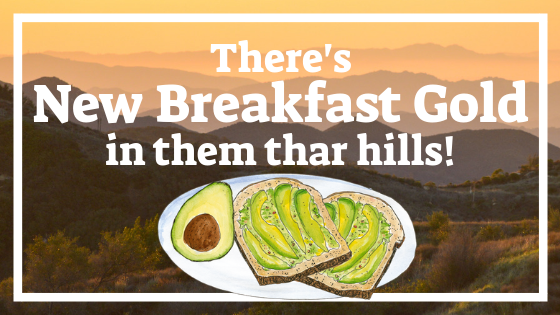 Title card with the text "There's New Breakfast Gold in them thar hills!" over a drawing of avocado toast and background of sprawling hills.