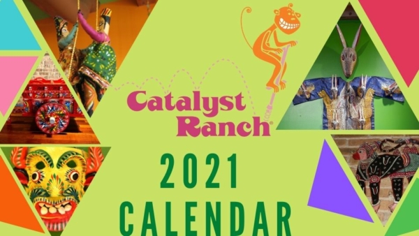 Cover art for Catalyst Ranch 2021 Calendar with bright green background and triangle snippets of colorful photos
