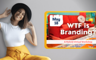 arletta gromek wtf is branding titlecard, with Arletta sitting cross legged and smiling