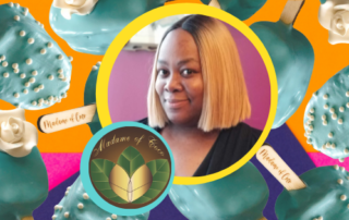 light blue-colored dessert pops in the background, with a portrait of Danielle Erby in a yellow circle frame