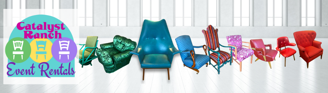 a series of boldly-colored armchairs available from Catalyst Ranch Event Rentals