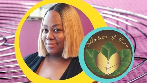 Portait of Danielle Erby, owner of Madame of Coco, with the business logo pictured.