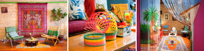 photos of colorful and international decor at Catalyst Ranch