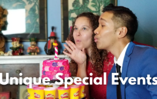 Unique Special Events blogpost titlecard, photo of two dressed cocktail party guests posing for a photo, blowing out a playdoh candle on a festive pink play doh cake at Catalyst Ranch